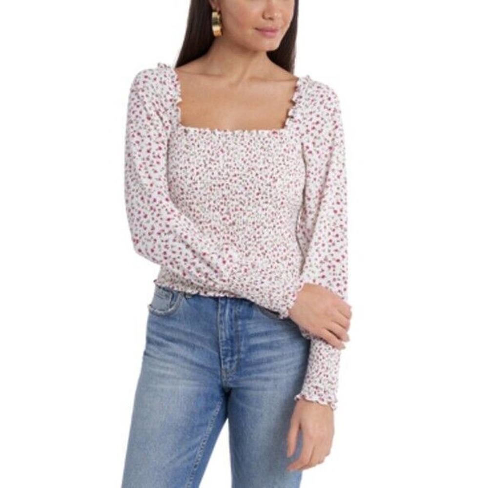 JR597 State Pink Stretch Ruffled Floral Square Neck Blouse Size M